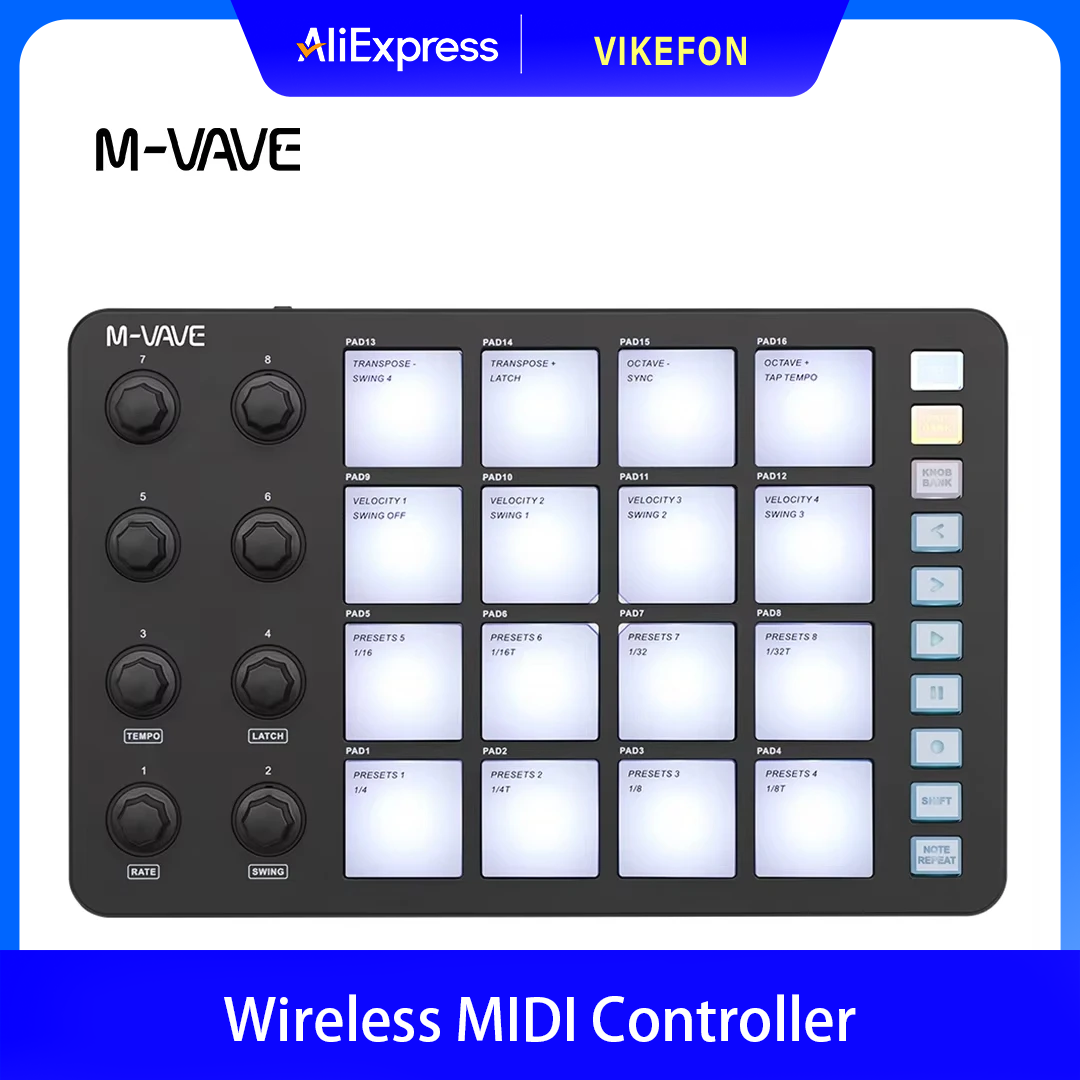 Midi Controller Pad - M-VAVE SMC-PAD ワイヤレスMIDIコントローラー、パーカッションキーボードに最適、USB-Cインターフェース、ポータブルデザイン、初心者向け小型MIDIパッド