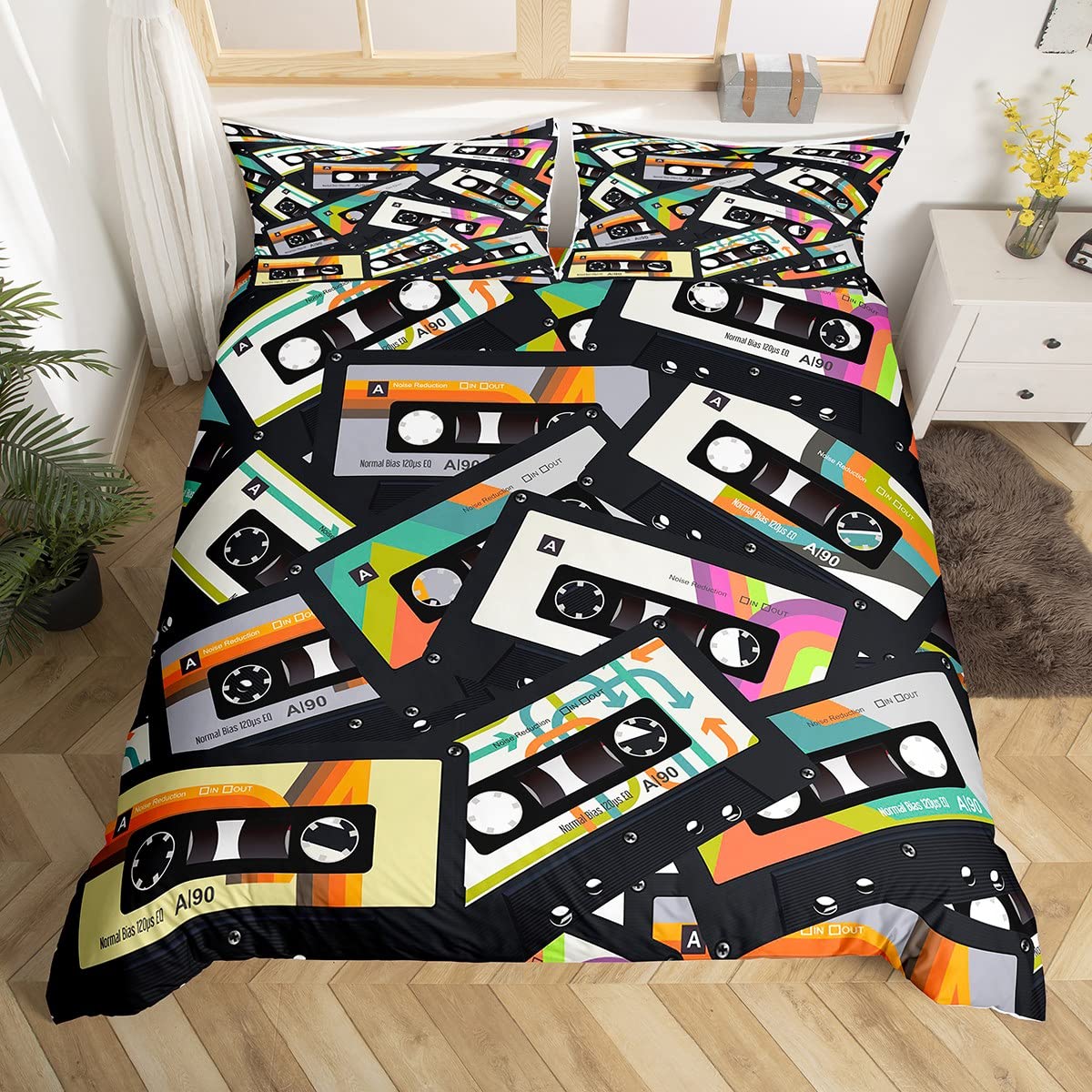 Audio Music King - 音楽をテーマにした寝具セット,カラフルなカセット,掛け布団カバー,掛け布団カバー,キング,レトロ,オーディオテープ,掛け布団,水彩スタイル