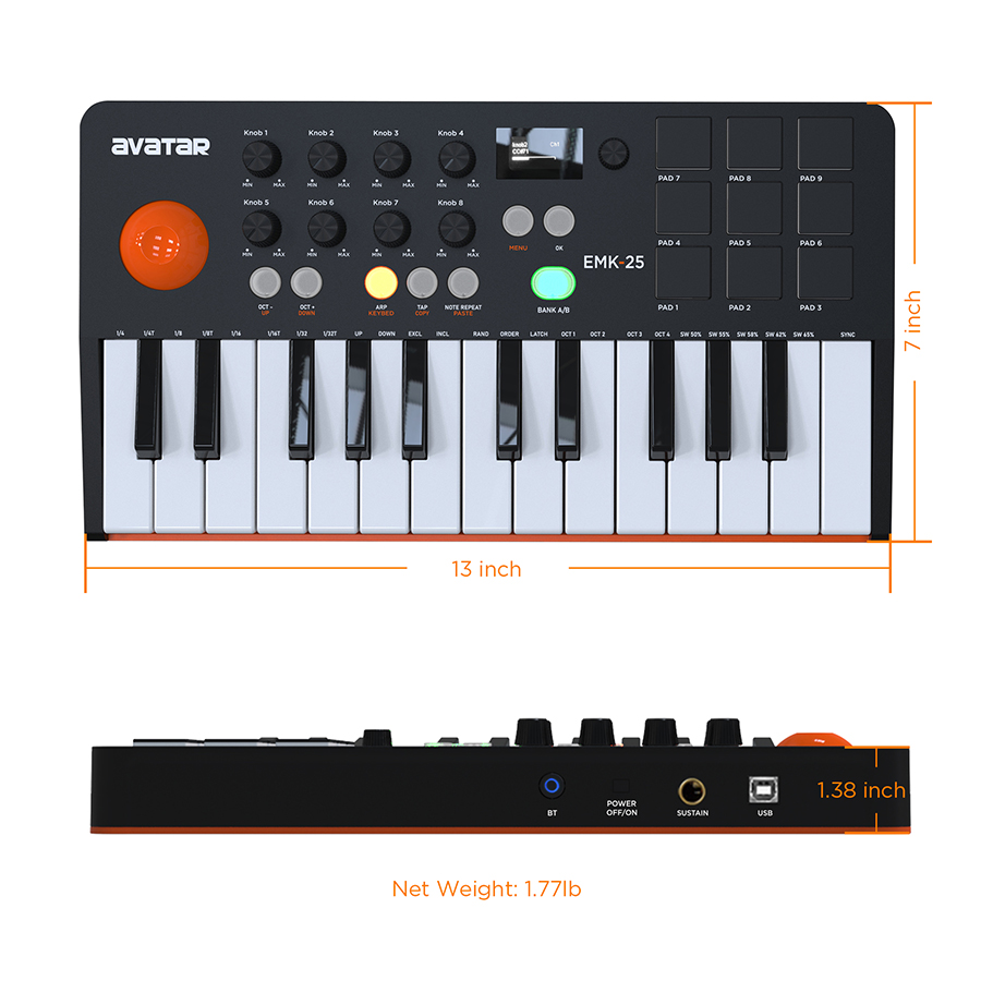 25キー、9つのバックライト付きビートパッド、OLEDディス - Midi Controller Pad のレビューと価格