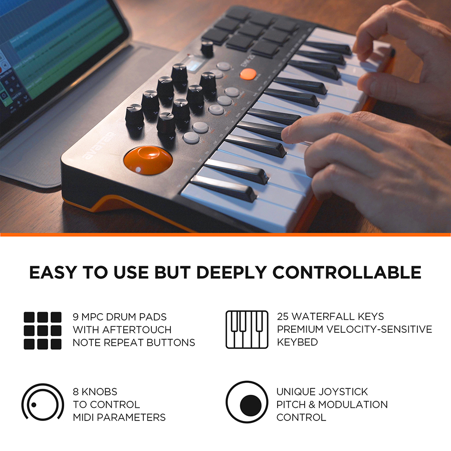 25キー、9つのバックライト付きビートパッド、OLEDディス - Midi Controller Pad のレビューと価格